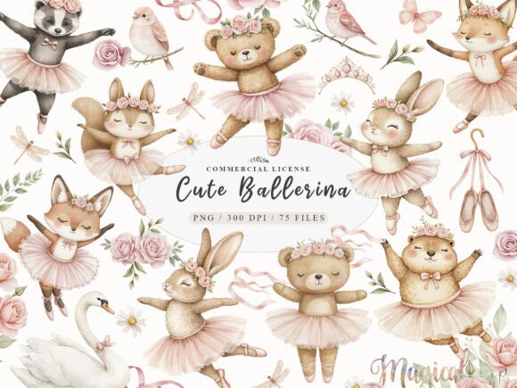 Download Watercolor Cute Pink Ballerina Animals - Premium Bundle