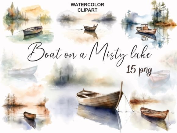 Download Boat on a Misty Lake Watercolor Clipart - Premium Bundle